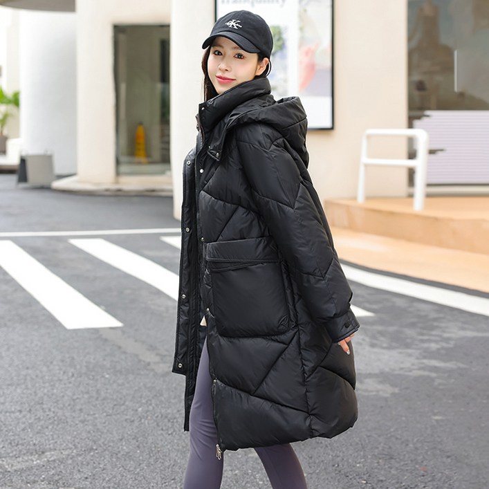미디움 롱 겨울 무릎팍 도톰 후드 야상 패딩 여 오버사이즈 여