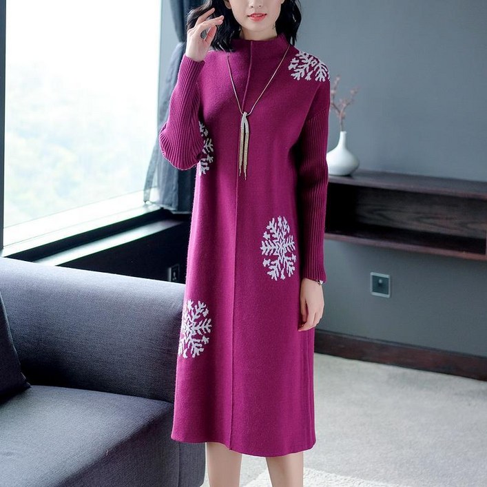 COSYEVNO 중년 엄마 긴팔 원피스 겨울 반하이넥 프린트 빈티지 루즈핏 패션 데일리 3040세 미디스커트 CXJmmlyq27