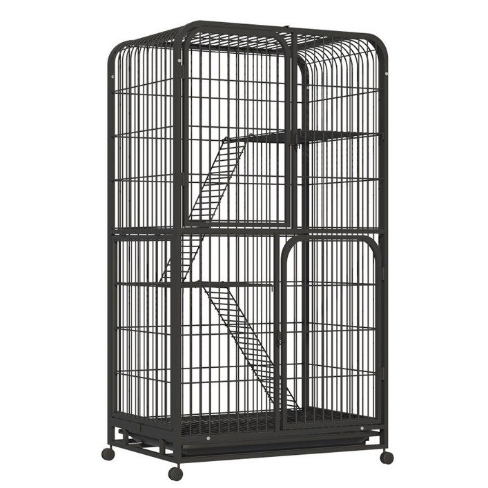 리빙가감법 반려동물 고품질 조립식 4단 고양이 케이지 튼튼한 메탈 간편이동 잠금 가능한 바퀴가 있는 탈출 방지 고양이 철장 이동식 고양이 대형 케이지, 1개, 블랙