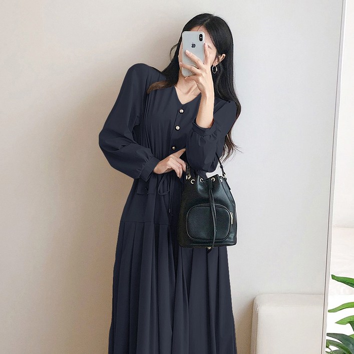 요시아나 [당일발송] 마리브 바스락 허리 스트링 금장단추 플리츠 롱원피스 3컬러