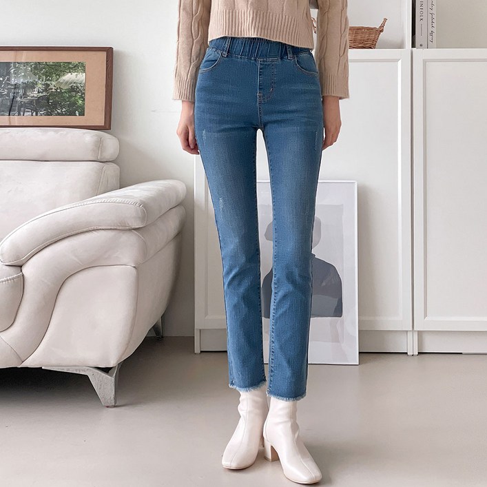 여성용 커버 밴딩 슬림일자 청바지 9부 데님 팬츠