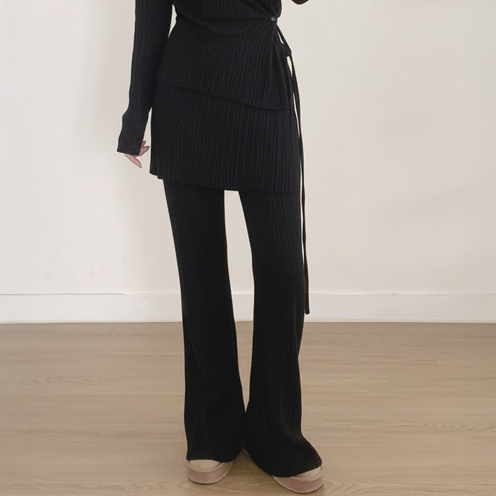 떳다그녀 엔느비 커버랩 힙 스커트 밴딩 바지 레이어드 스트랩 플리츠 겨울 주름 부츠컷 팬츠