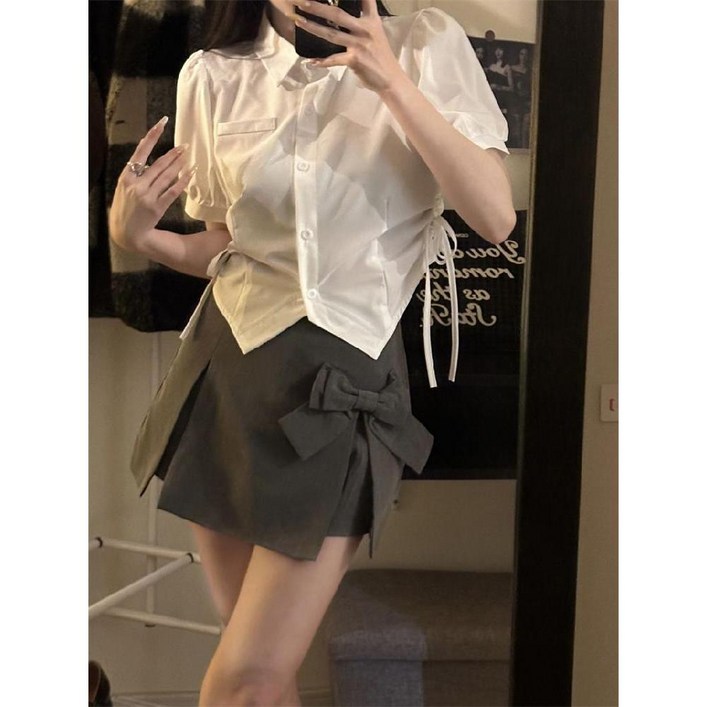 셔링 반팔 셔츠 카라넥 크롭 반팔티 스트랩 크롭셔츠 블라우스1