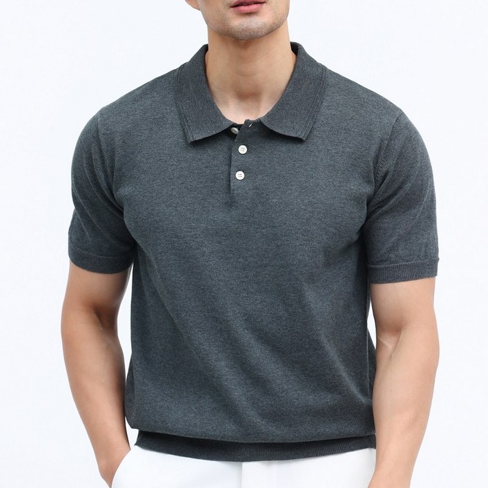 글리멜로 남자 여름 면 혼방 무지 니트 카라 반팔 티셔츠