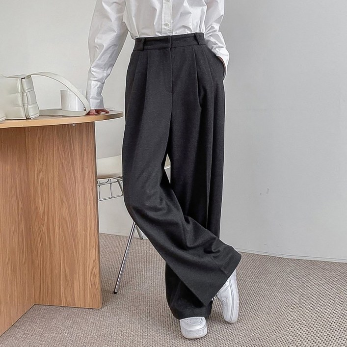 그레힙 여성 기모 와이드 팬츠 투핀턱 통 바지 겨울 슬랙스