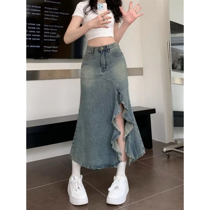 SAHINER 여성 봄 여름 데님 롱 스커트 언발 플레어 밑단 프릴 캐주얼룩 BQZ62