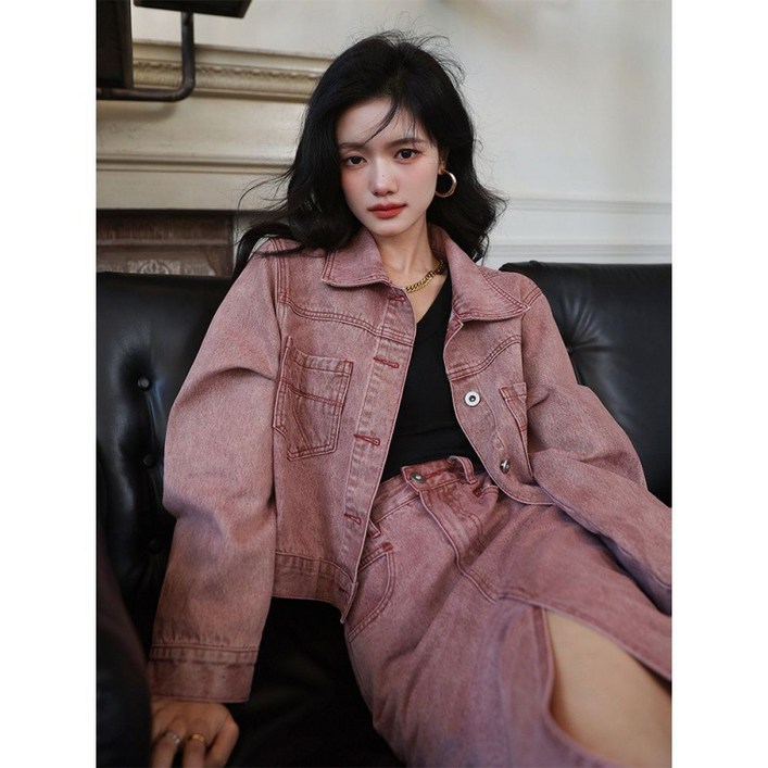 FANSYLI 봄가을 캐주얼 데님 세트 여성 신상 청자켓코트트임 롱 랩 스커트 투피스 스타일리쉬한 데님 스커트 세트 W2409S13