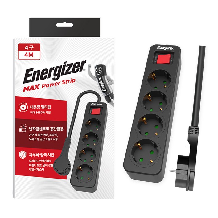 에너자이저 멀티탭 과부하차단 3680W고용량, 1개, 블랙 4구, 4m