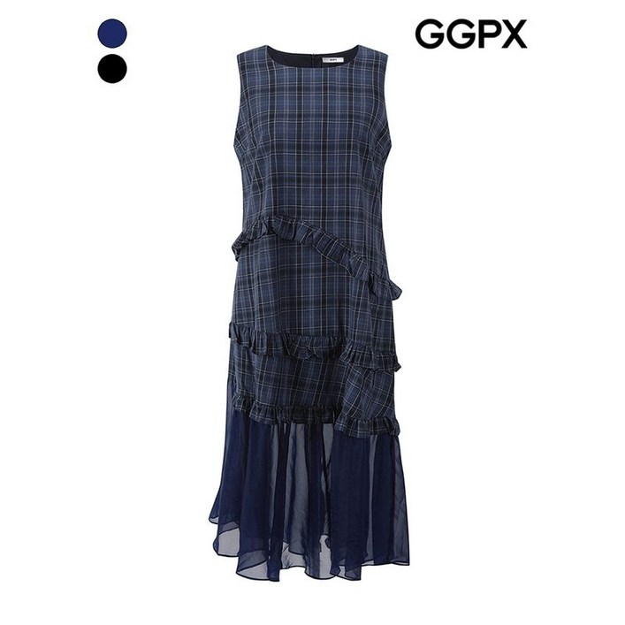 GGPX 타탄 체크 프릴 캉캉 쉬폰 민소매 원피스  GP7OP048F
