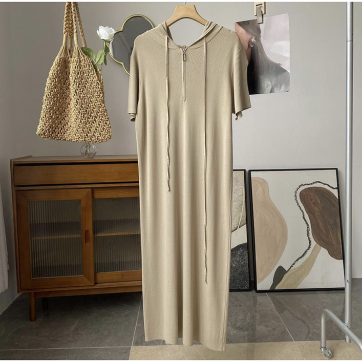니트 반팔 후드 롱 원피스 sMAC003