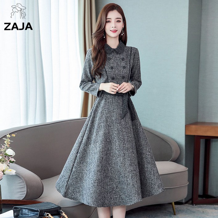 ZAJA 벨드 여성 하객룩 원피스 긴팔 카라넥 세련 미디원피스