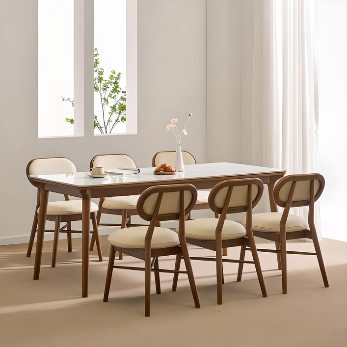 루시드퍼니처 로라 세라믹 원목 식탁세트 6인용 방문설치, 유광 비앙코 화이트 + 베이지 + 월넛, 일반의자 6