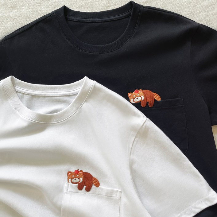 티레오 남녀공용 반팔티셔츠 여름 32수 순면 루즈핏 커플용 빅사이즈 라운드 캐주얼룩 자수 레서판다 그래픽