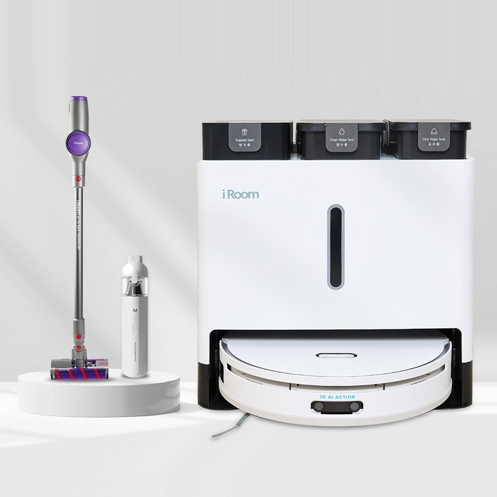 로봇청소기 자동 물걸레 세척 건조 먼지비움 프리미엄 올인원 Ai  핸디청소기  BLDC 듀얼브러쉬 무선청소기, 단일색상