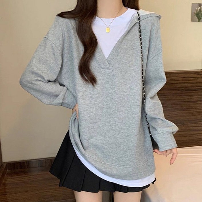 오디스 여성 레이어트 페이크 투피스 후드 맨투맨 5color 데일리 베이직 긴팔티