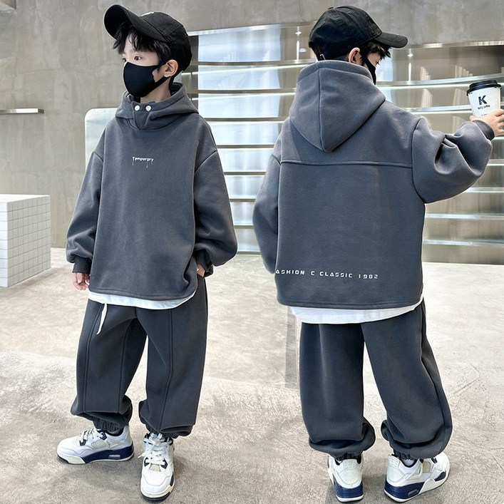 비비키드 남아 기모 세트 벤 겨울 신상 상하복 기모 세트 스냅 앞단추 후드티조거팬츠 세트 초중생 긴팔티 초등생 긴바지 세트 8131SHENHUISEJIA