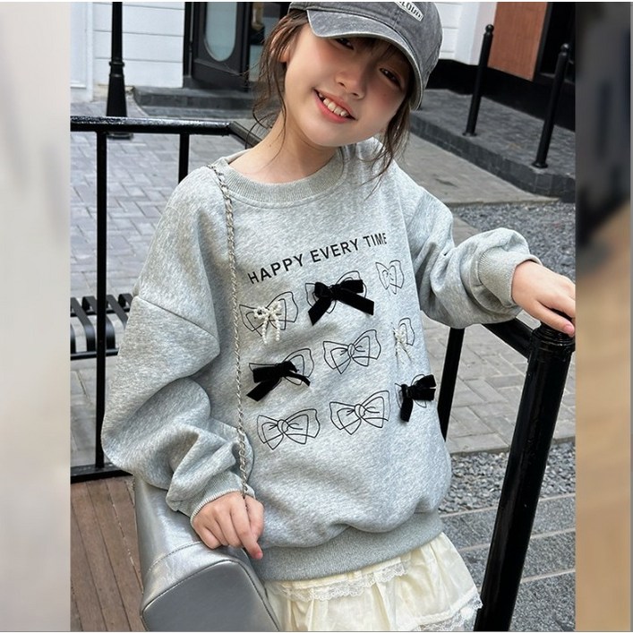 슈가푸딩 주니어 해피타임맨투맨 주니어맨투맨 주니어신상 봄신상 외출복 데일리룩 OOTD 리본맨투맨 캐주얼룩