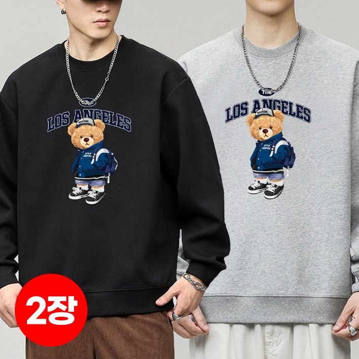 112장세트스타일아유 남성 빅사이즈 오버핏 맨투맨 320G면질 라운드넥 로스앤젤레스 레터링 프린트 가을겨울 데일리룩 티셔츠 TS3801