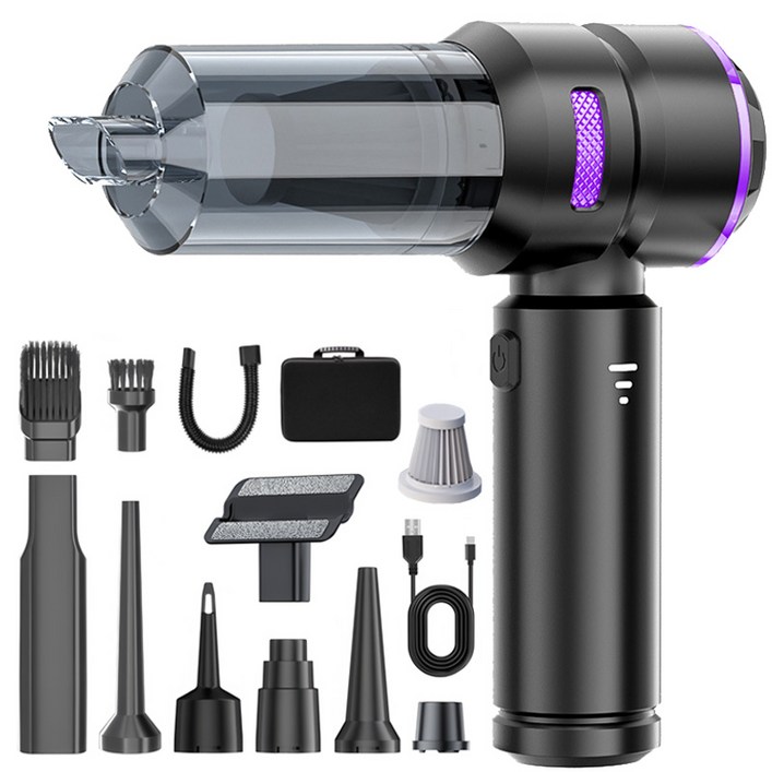 최신형 Voltmate 휴대용 무선 에어건 청소기 차량 가정 야외 흡취일체형 다기능 청소기 LED 전량 표시 BLDC 브러시리스 16000Pa TypeC 포트 진공 포장, 블랙, M12