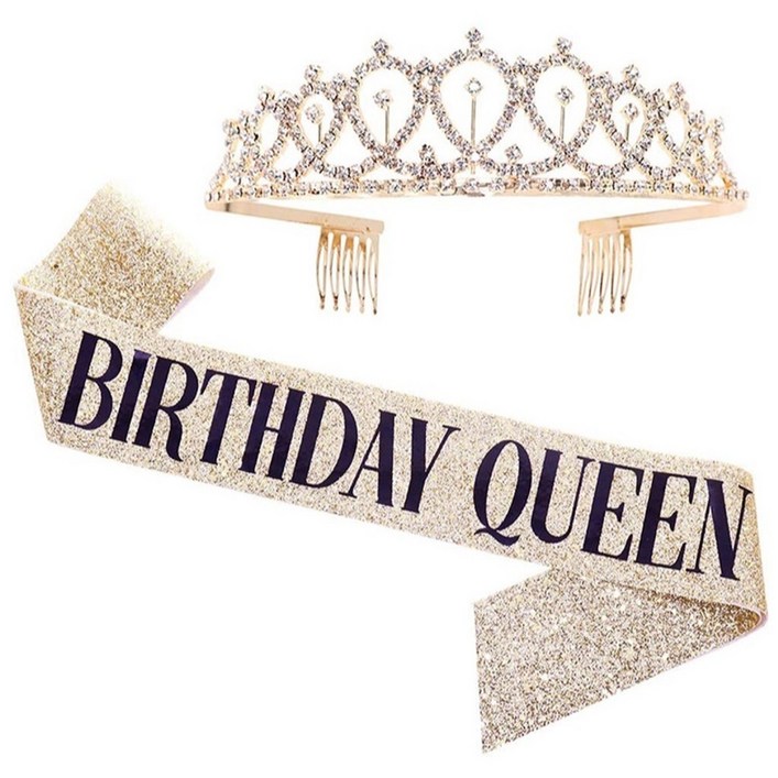 트윙클 티아라 글리터 생일파티 어깨띠 세트 에브리띵스마일 1197, 1세트, 골드 퀸