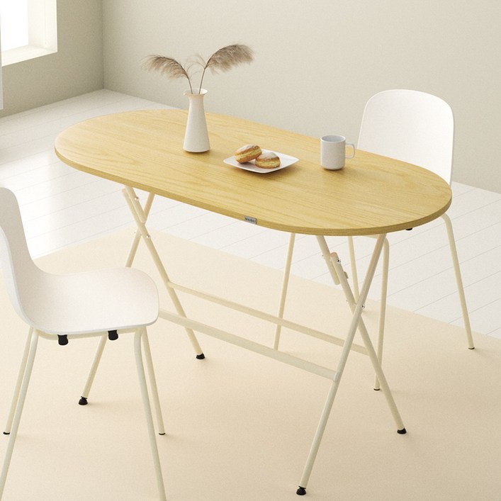 Unihome E0급 (750mm높이 +18mm상판) 접이식 테이블 공간활용 다용도 타원 식탁, 2인용, 원목색