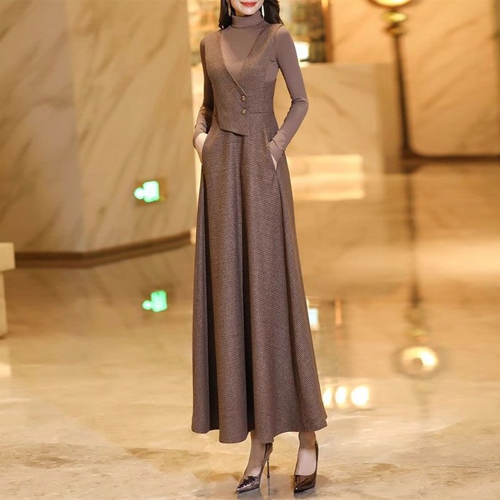 여성 모직 롱 민소매 원피스 여성 패션 모직 슬림핏 롱 드레스 가을 겨울기 JXH