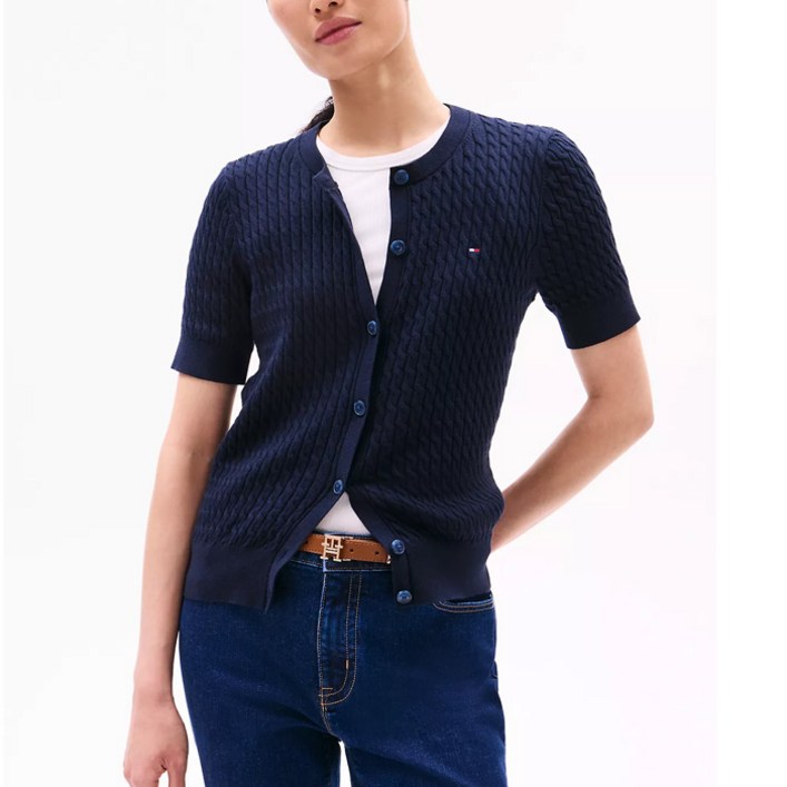 타미 여성 케이블 니트 반팔 가디건 Navy