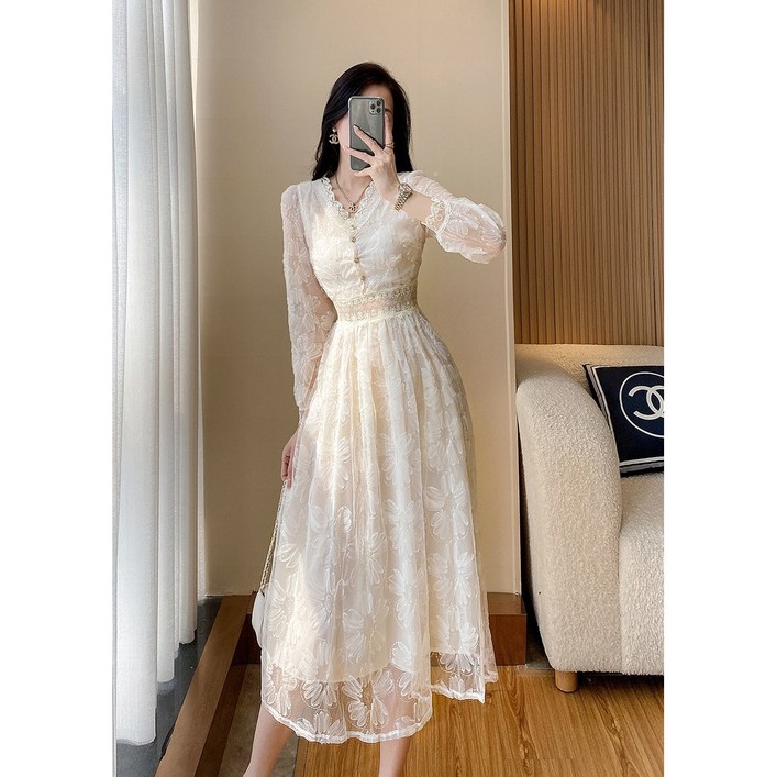 봄가을 신상 긴팔 레이스 원피스 프렌치 롱 스커트