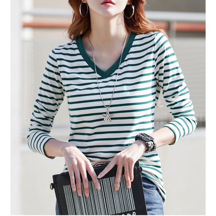 유빈샵 여성 스트라이프 브이넥 데일리 줄무늬 긴팔 티셔츠 YB-88
