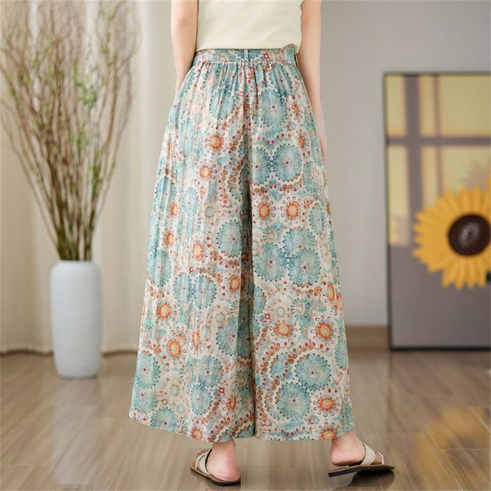 Vezri 여성 여름 보헤미안 프린트 하이웨이스트 와이드 팬츠 캐주얼 루즈핏 린넨 바지 Ahh