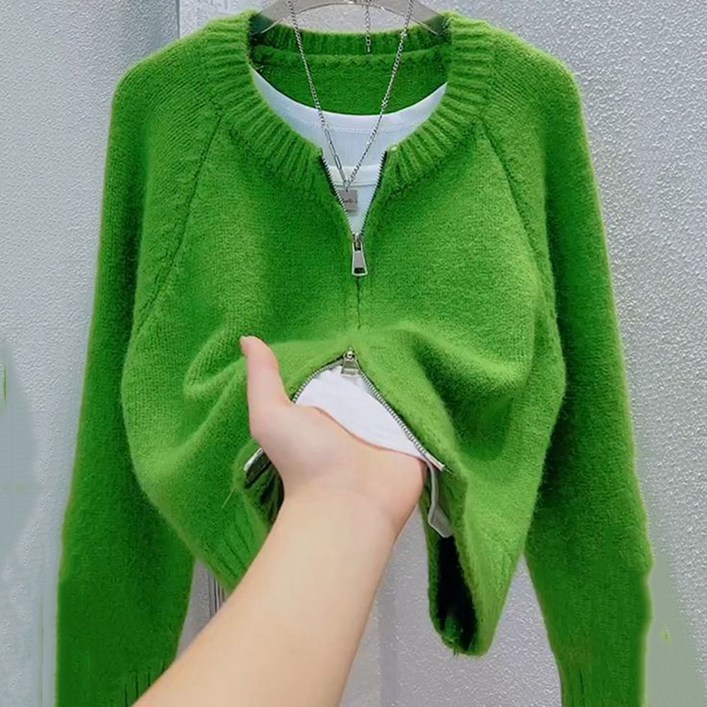 ROYALBELLE 여성 라운드넥 숏기장 더블지퍼 루즈핏 캐주얼 데일리 긴팔 니트 가디건 V0112511