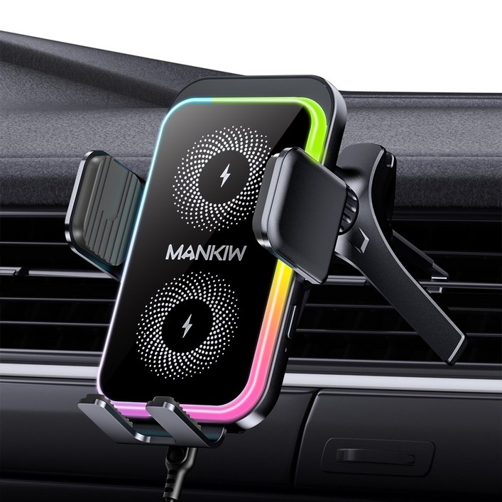 Mankiw맨큐 차량용 고속 무선충전기 15W LED 라이트 송풍구형 거치대, 블랙