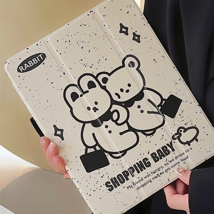 아이패드 10 9 8 7 프로 6 5 에어 4 3 미니6 세대 12인치 11인치 10.9인치 곰돌이 토끼 캐릭터 일러스트 펜슬 수납 스마트 북커버  스탠드 실리콘 케이스