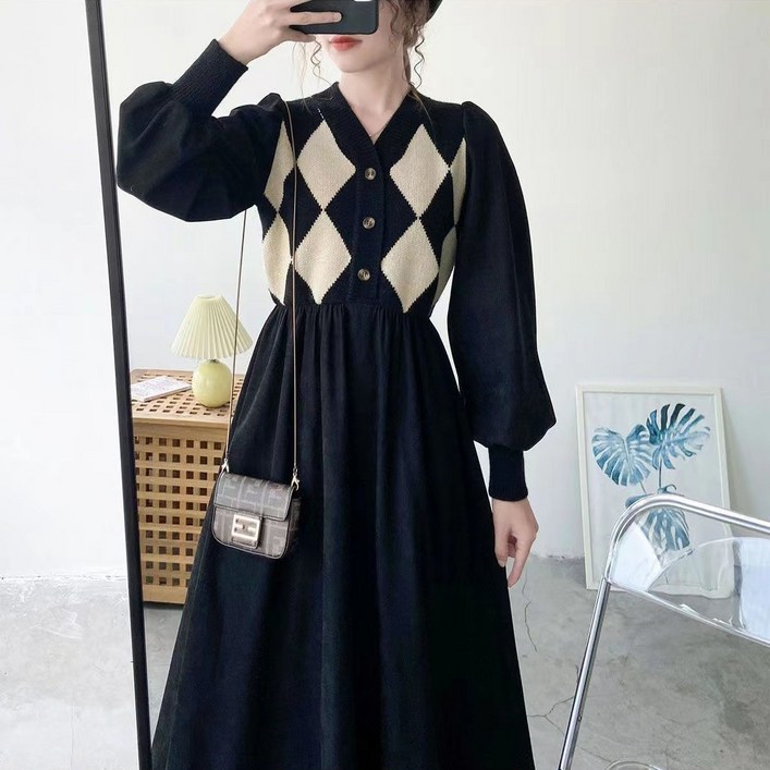 루스리더 여성 러블리 브이넥 골덴 미디  원피스 E245