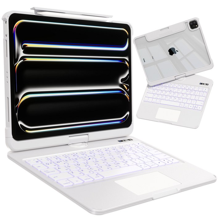 AITEWO 아이패드 매직키보드 케이스 펜슬 수납 360도회전 일체형 각도조절 투명 백라이트 터치패드 에어7654321세대 프로1110.91312.9인치, 화이트, 아이패드 프로 7세대 M4 13인치, 1개