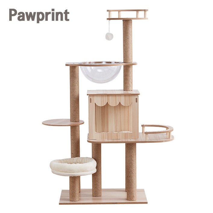 Pawprint 캣타워 대형 원목 고양이 타워, 3단 구조, 안정적 설계, 고양이 스크래처 및 숨숨집 포함, 실내아파트다층 구조 적합, 성묘 및 새끼 고양이 모두 사용 가능