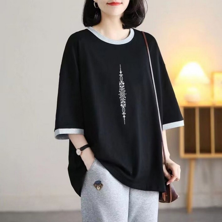 VEZRI 빅사이즈 여성 봄 여름 루즈핏 맘룩 티셔츠 미디움기장 7부소매 편안한 일상복 시원한 쿨링소재