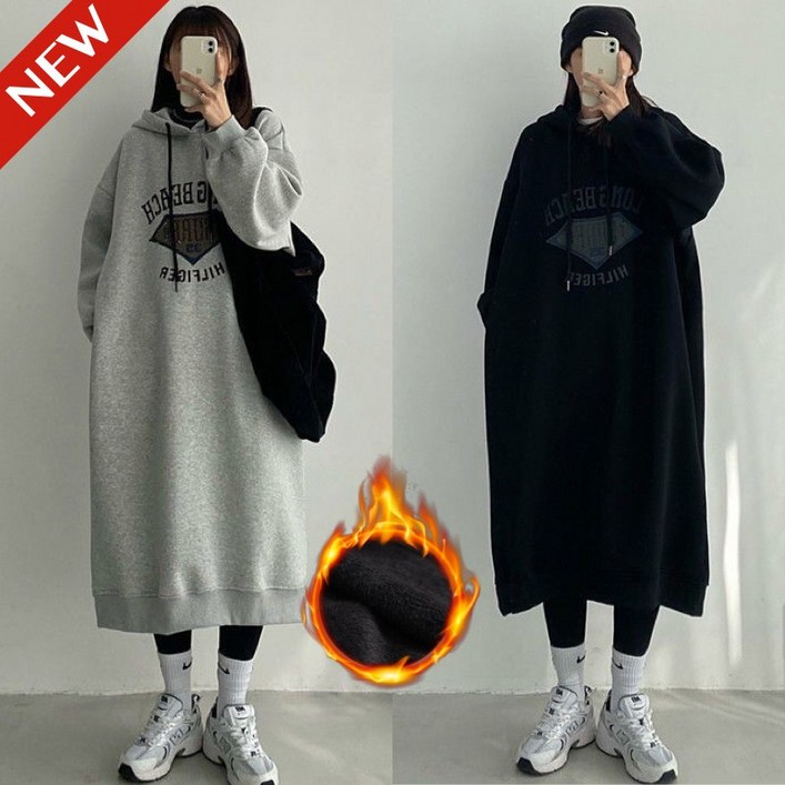 대박난 150kg까지 빅사이즈 여성 시카고 빈티지 레터링 롱 후드티 원피스 가을 겨울 기모 편한 보온 일자핏 학생복 포켓 프린팅 간절기 그레이즈 코디 베이직 오버핏 롱티 맨투맨