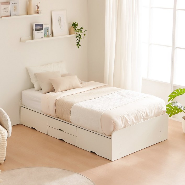 동서가구 룸인 빅서랍 무헤드 2단 서랍 수납 침대 프레임 SS 양면매트 포함 DF926697, 화이트