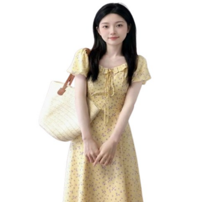 동방 여름 여성 노란 꽃무늬 롱 원피스 퍼프 소매 스퀘어넥 데일리