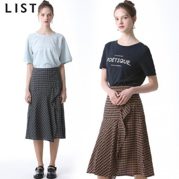 백화점 정품 EnC 스커트 리스트 랩 프론트 코튼 블렌드 체크
