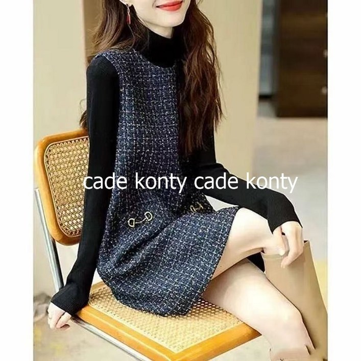 cade konty모직 조끼 스커트 패션 체크 여성 추동 브이넥 민소매 원피스cade konty
