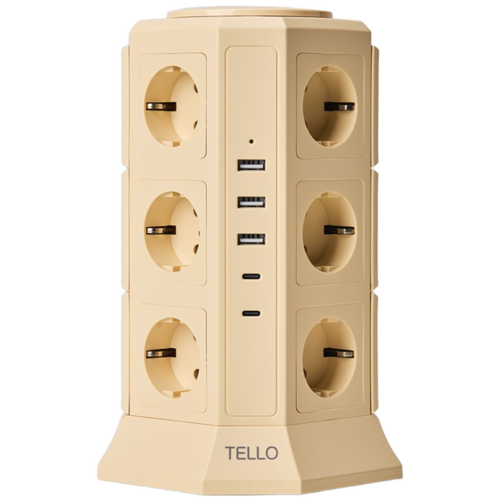 텔로 에디션 타워 멀티탭 17구USB3,CTYPE2 KC인증 접지 안전 고급 멀티탭 선정리 가능한 인테리어 귀여운 디자인 예쁜색상, 2m, 크림레몬, 1개