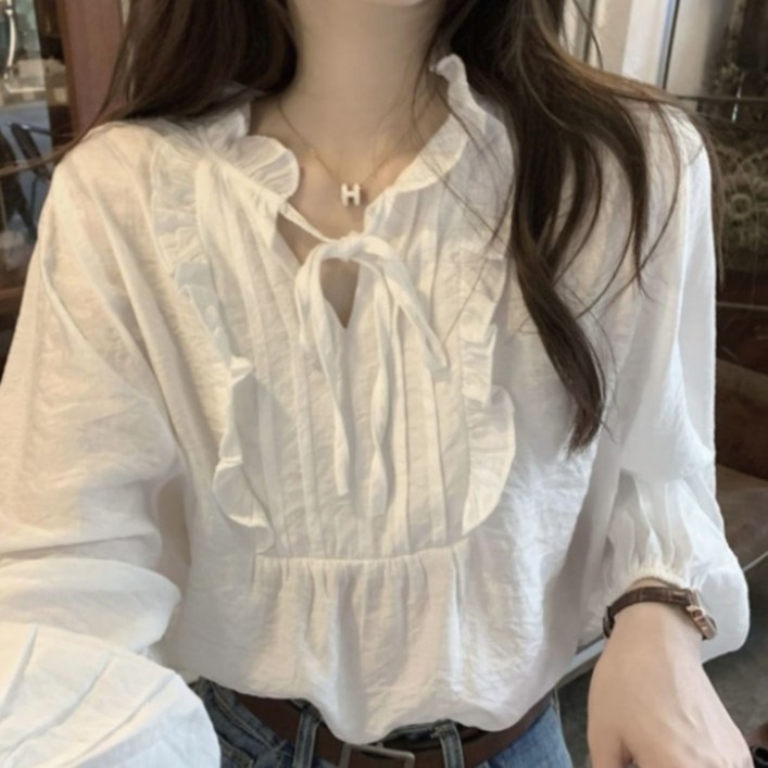 여성 여자 프릴 쉬폰 끈 리본 봄 긴팔 블라우스