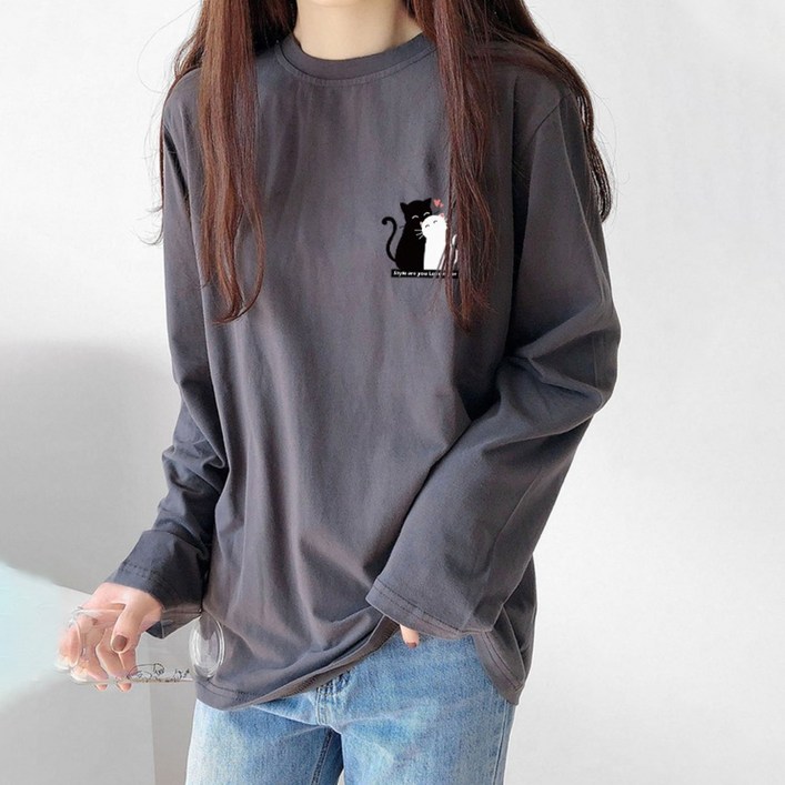스타일아유 여성 긴팔 티 간절기 데일리룩을 위한 면 라운드 프린트 레터링 긴팔 티셔츠 TS2099
