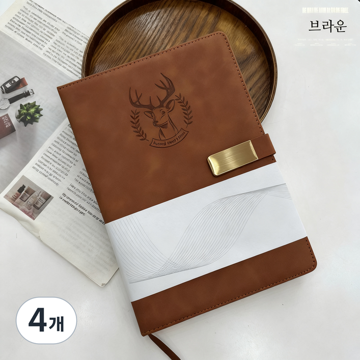 B5 프리미엄 가죽 방수 버클 다이어리 360P 수첩 필사노트, 4개, 브라운