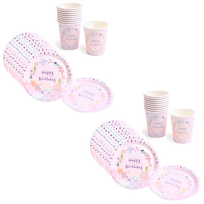 파티해 생일 파티접시 18cm 20p 파티컵 20p 세트 인어공주, 20개, 1세트