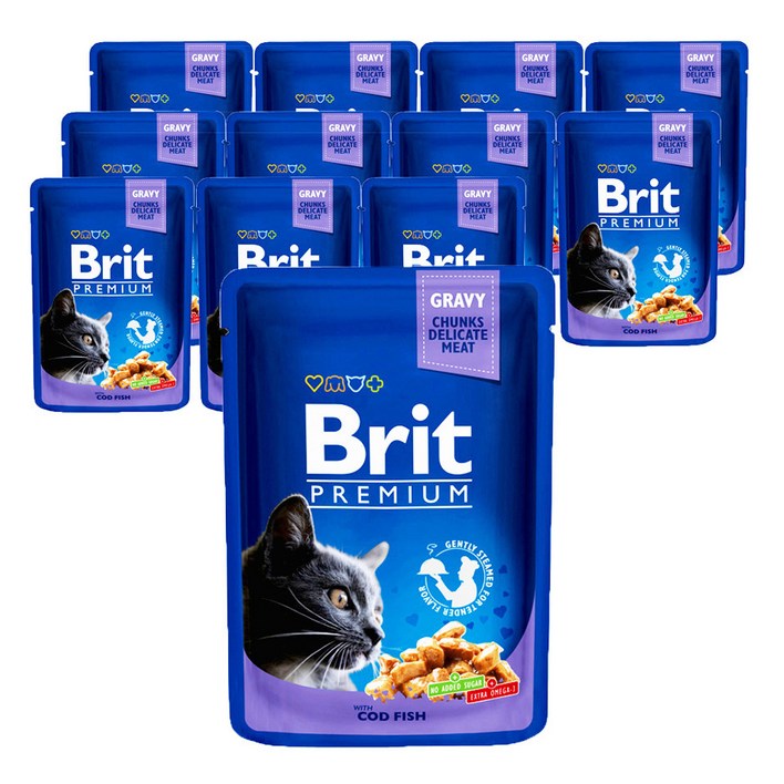 브리트 고양이 전연령용 프리미엄 주식파우치 습식사료 대구 피쉬, 닭, 100g, 12개 브리트 고양이 전연령용 프리미엄 주식파우치 습식사료 대구 피쉬, 닭, 100g, 12개