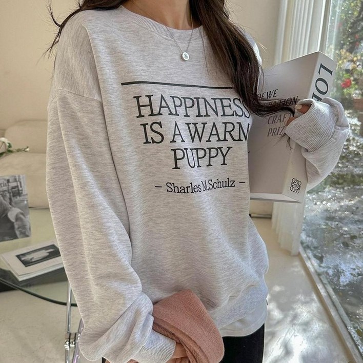 세이스타일 여성용 퍼피 레터링 루즈핏 기모 맨투맨