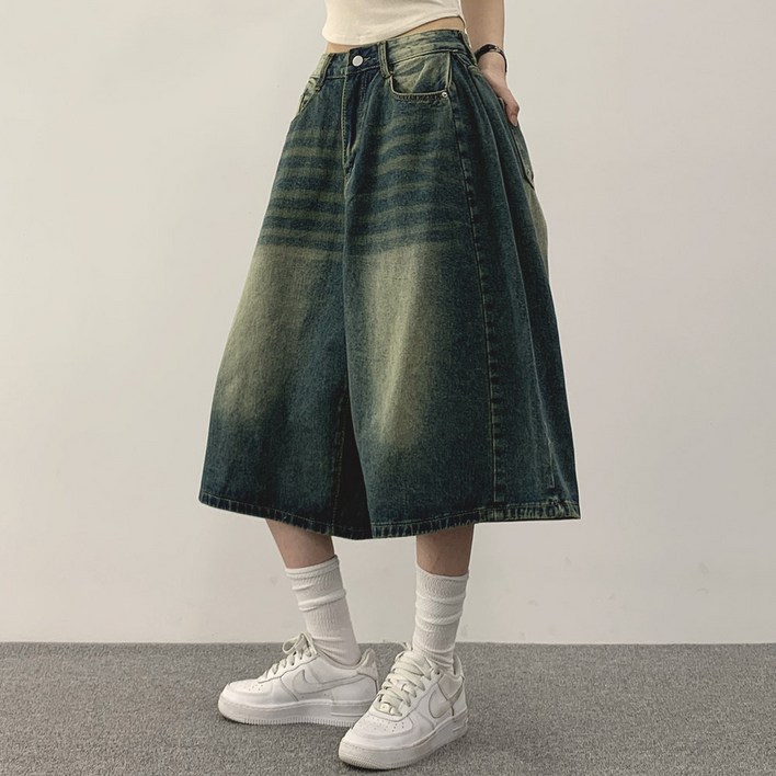 위드후이린 여성용 크로와상 버뮤다 핀턱 데님 청 반바지